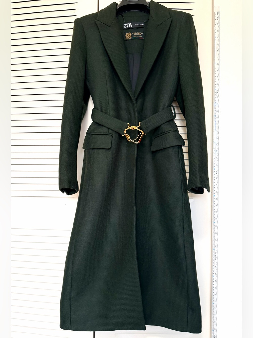 ZARA Dark Green Long Belted Trench Coat with Gold Buckle